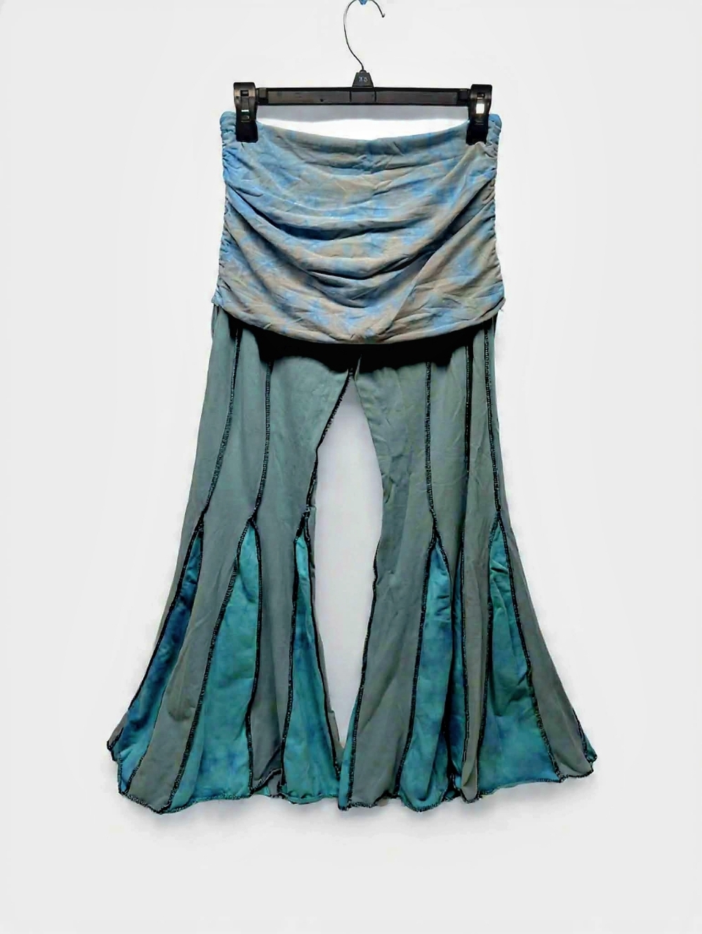 1 Of 1, Foldover Bell Bottom Tie Dye Boho High-Waist Flared Pants in Teal Blue